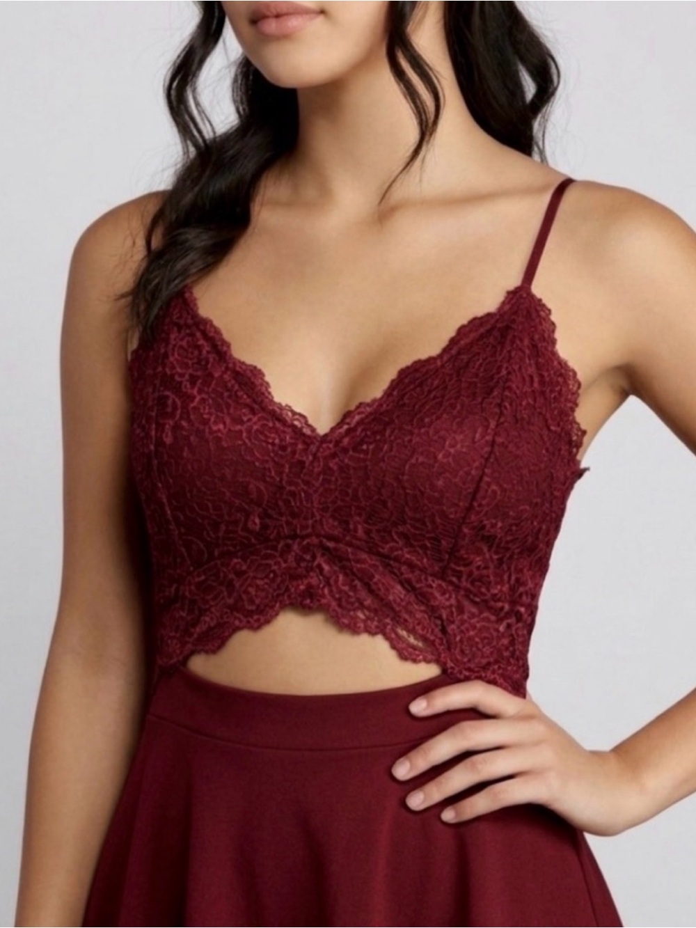 O’Delilah Rue 21 Lace midi dress in deep wine, maroon, dark red